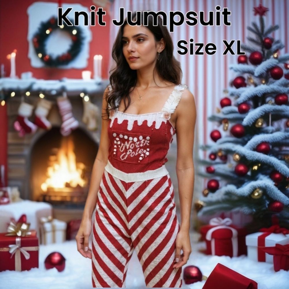 Eyeshadow Holiday Jumpsuit Wide Legged Red And White Knit Size XL
